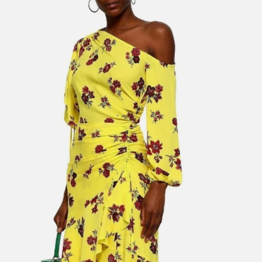 A.L.C Silk Florence Floral Ruffles Asymmetrical Midi Dress Linsey Yellow XS $675